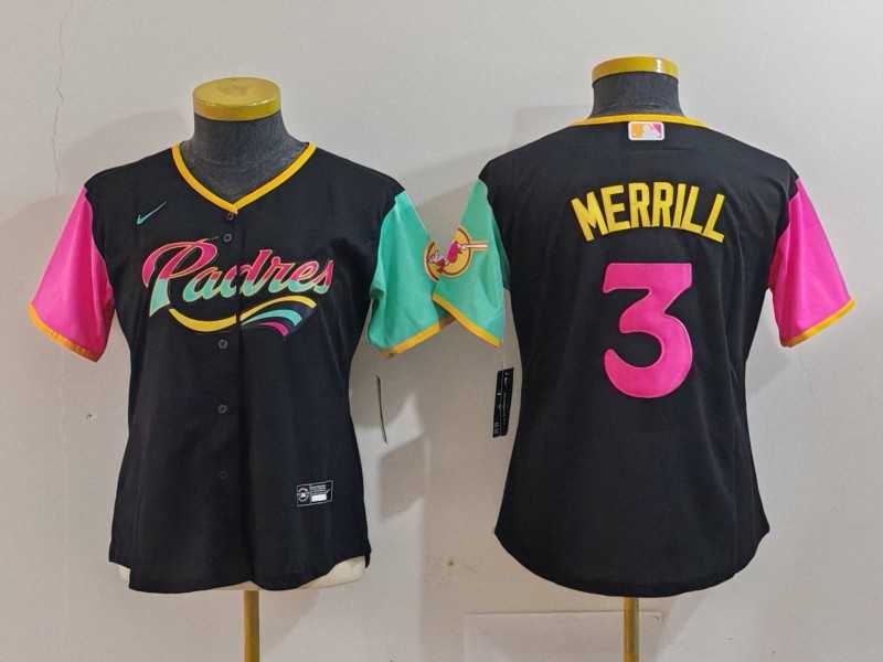 Women%27s San Diego Padres #3 Jackson Merrill Black Fashion Baseball Jersey